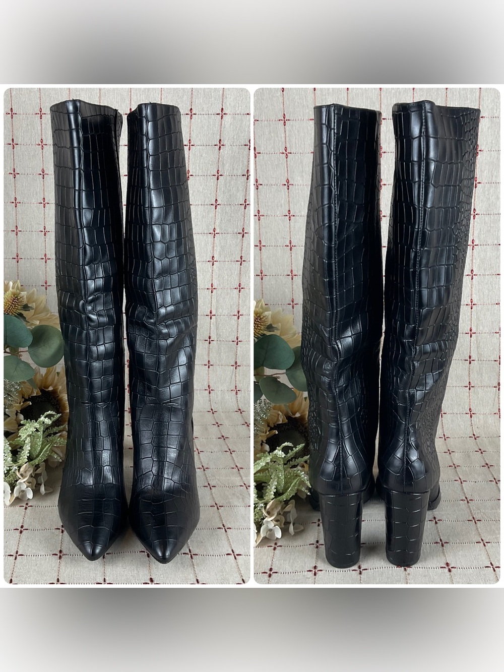 Authentic PAIGE Carmen Black Croc Embossed Leather Pointed Toe Knee High Boots 6 - Picture 3 of 6